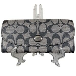 Coach Signature Peyton Slim Envelope Wallet Black Gray Snap Closure F49154